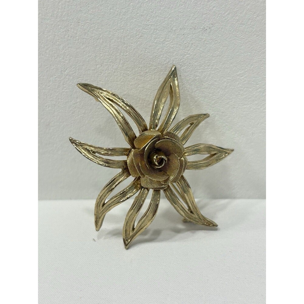 VTG Gold Tone Flower Brooch Dimensional Rose Floral Pin MCM Costume Brooks Sign